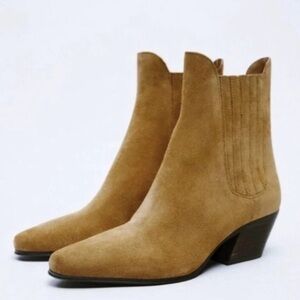 ZARA Tan Suede Pointed Toe Ankle Boots Block Heel NWT